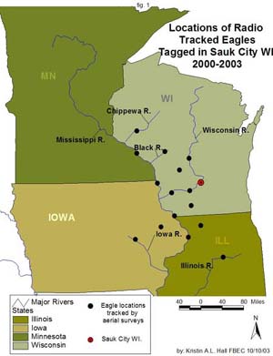 Locations of Radio Tracked Eagles tagged in Sauk City, WI 2000-2003