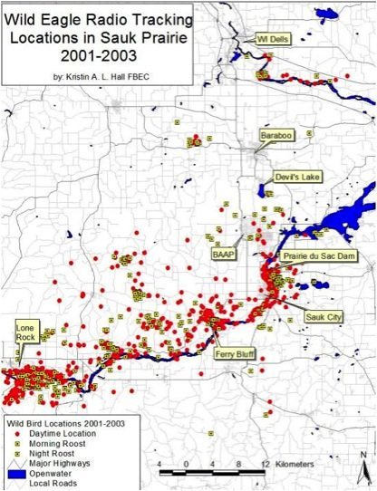 Wild eagle radio tracking locations in Sauk Prairie 2001-2003